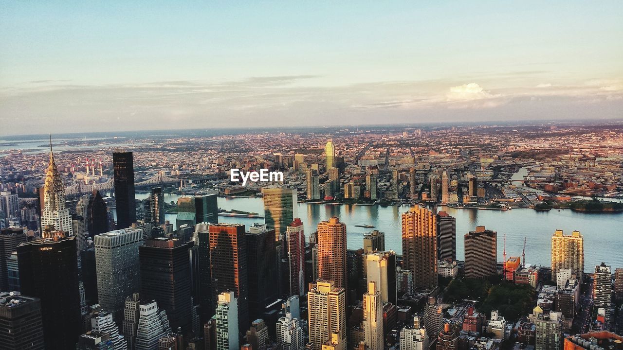 High angle view of chrysler building by east river in city