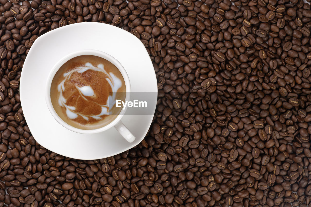 HIGH ANGLE VIEW OF COFFEE CUP AND CAPPUCCINO