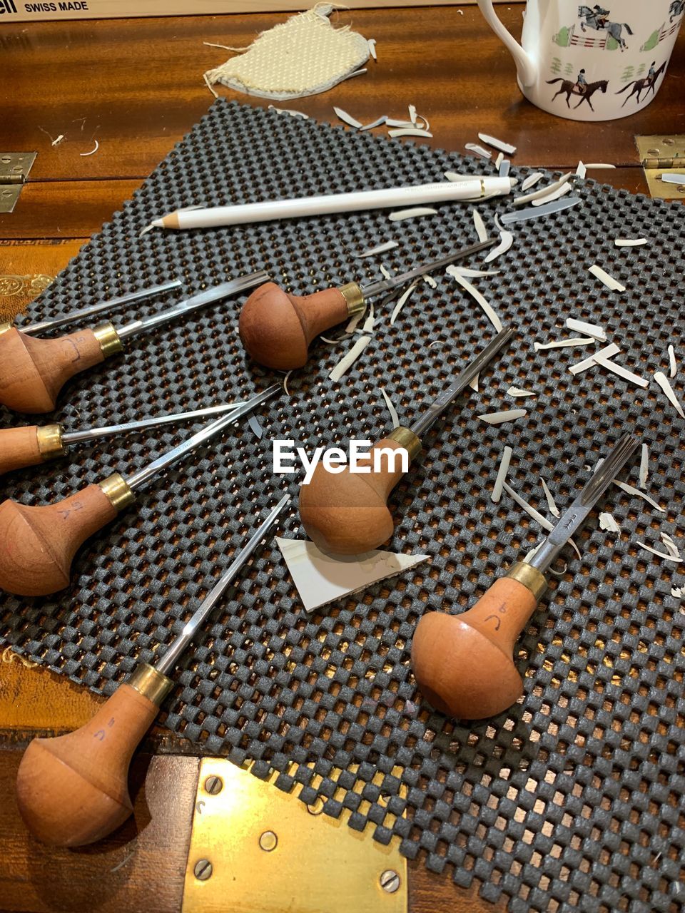 High angle view of work tools on table