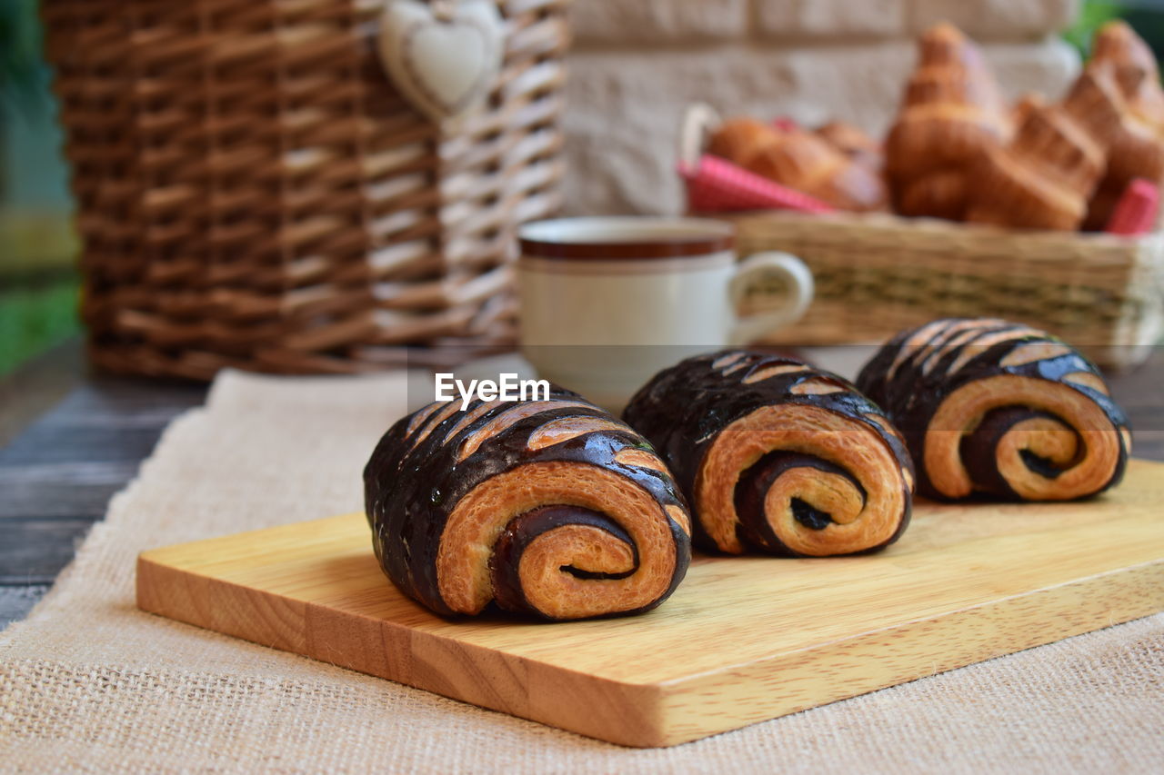 Chocolate danish puff pastry served on table