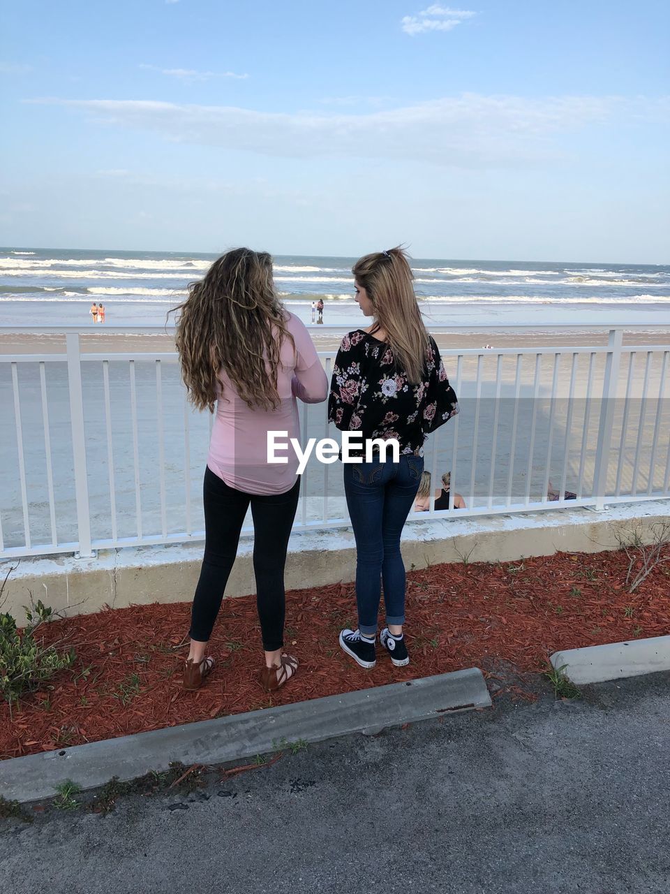 Rear view of women standing at railing against sea