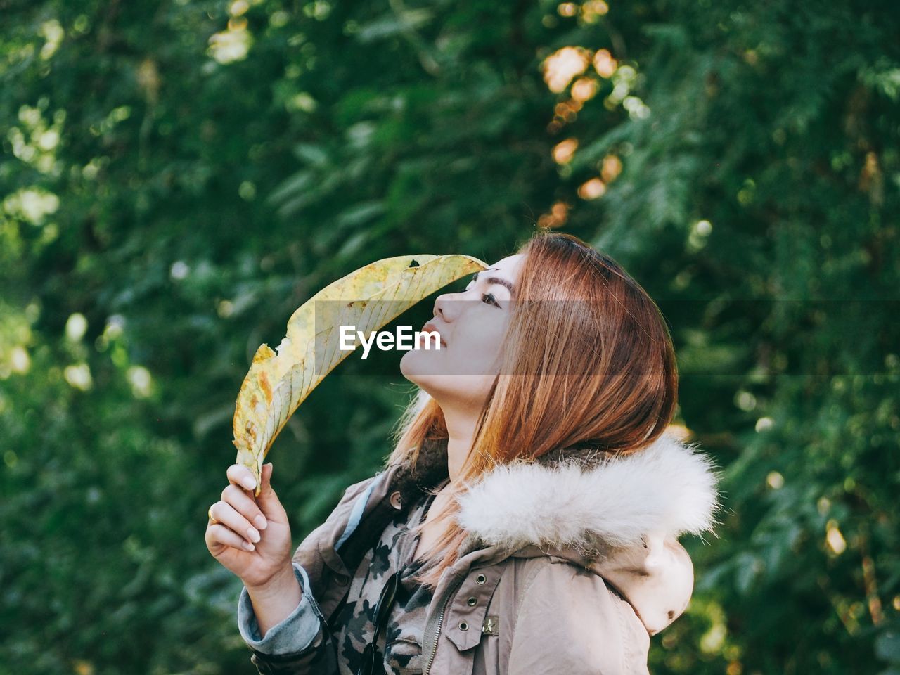 Woman holding leaf while standing against trees in park