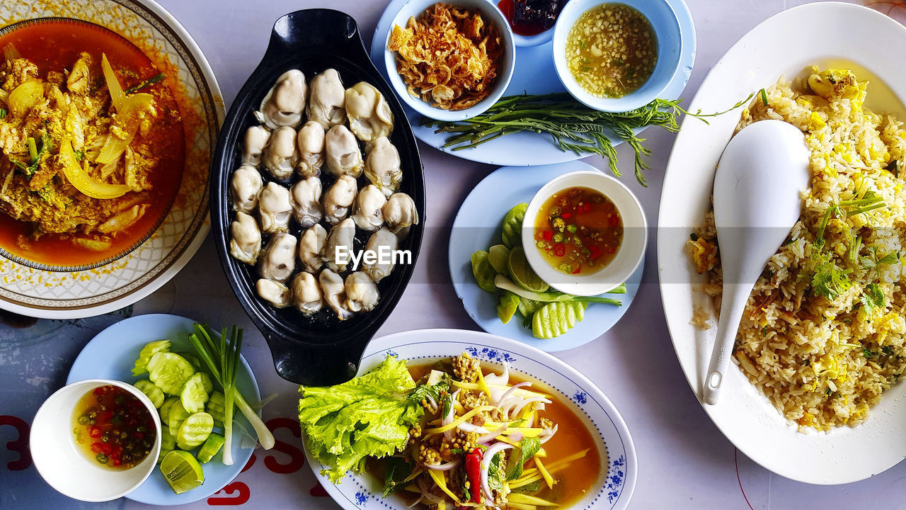 High angle view of breakfast served on table