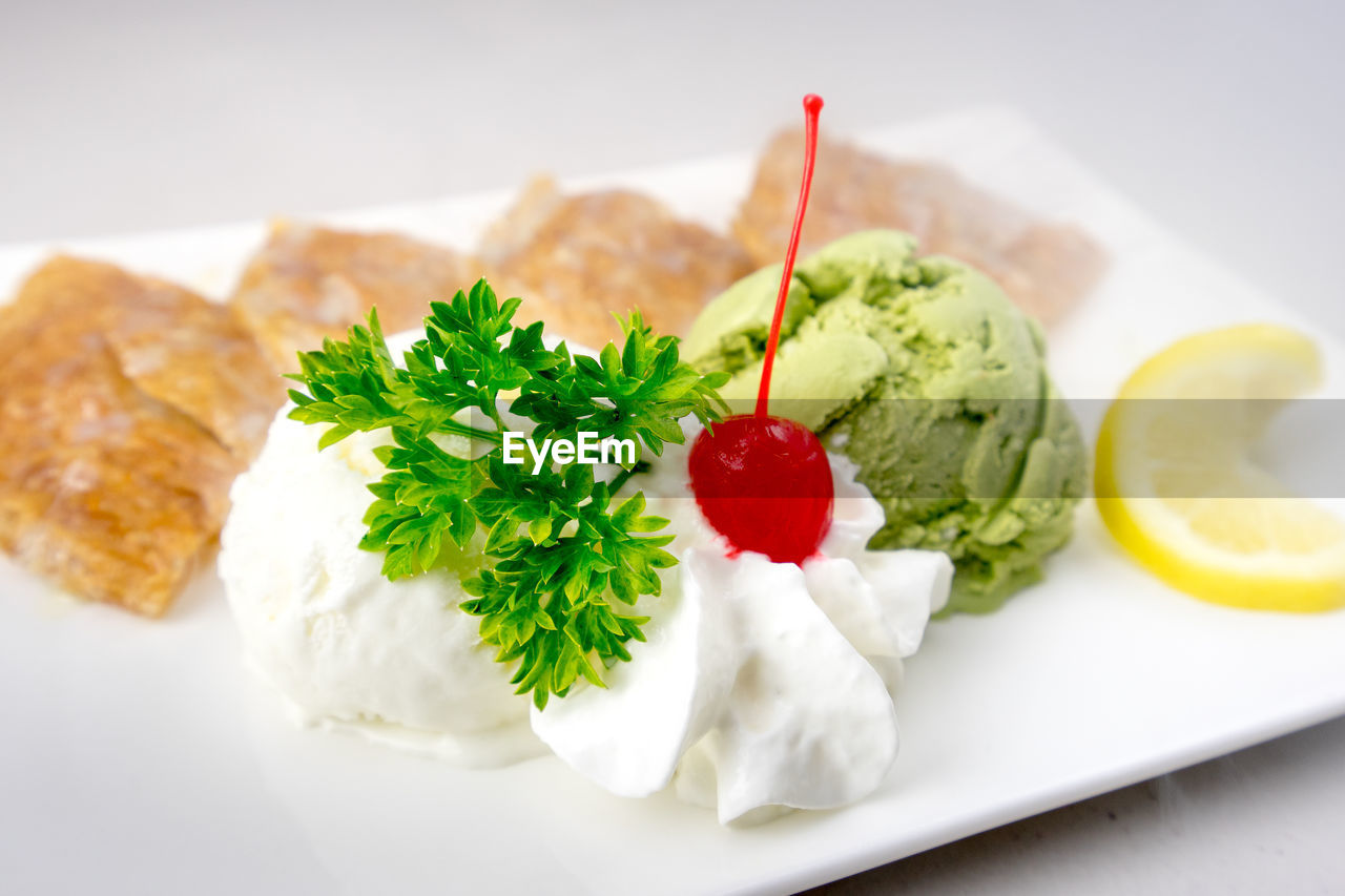 CLOSE-UP OF DESSERT SERVED IN PLATE