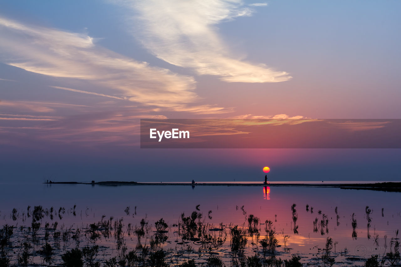 Scenic view of lake against sky during sunset