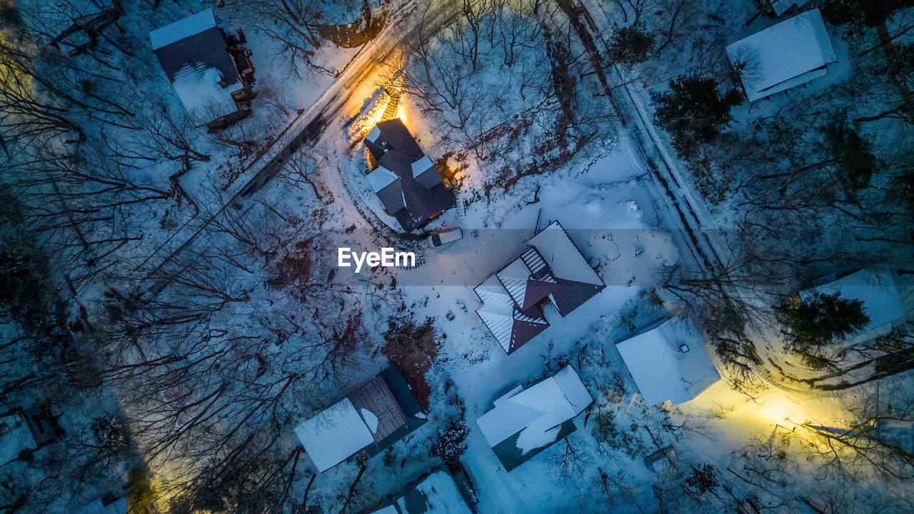 high angle view of snow covered street