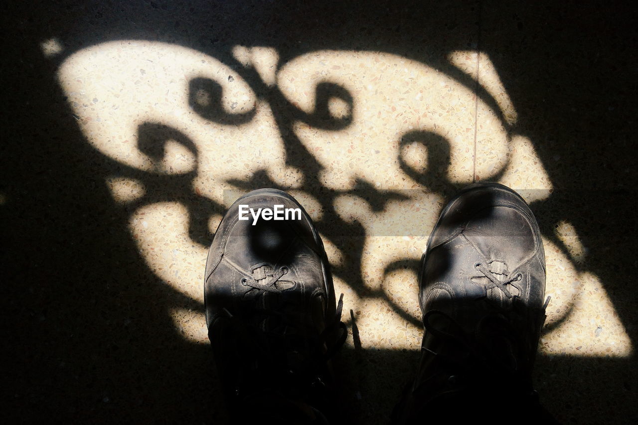 High angle view of black shoes on floor