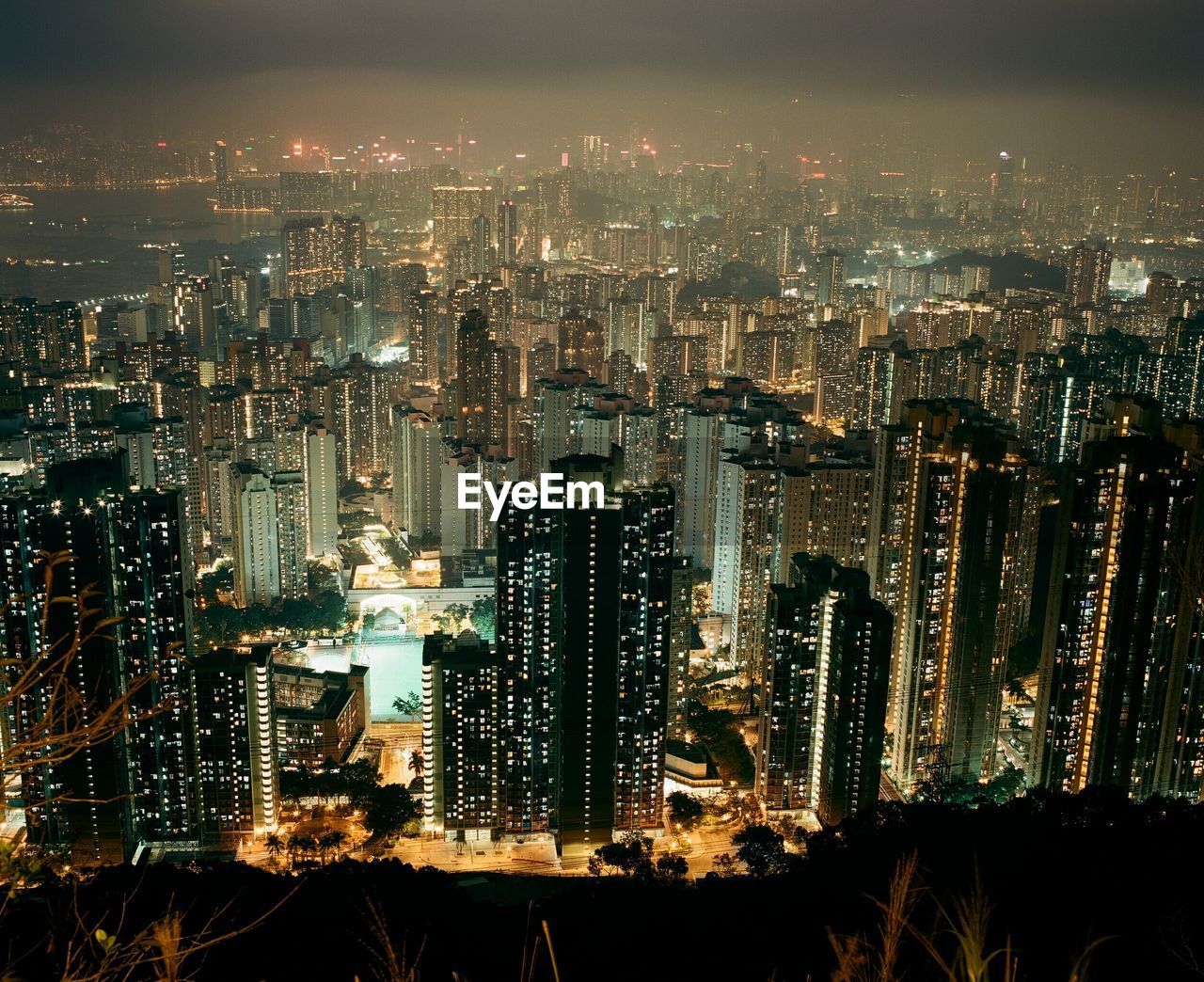 High angle view of illuminated cityscape