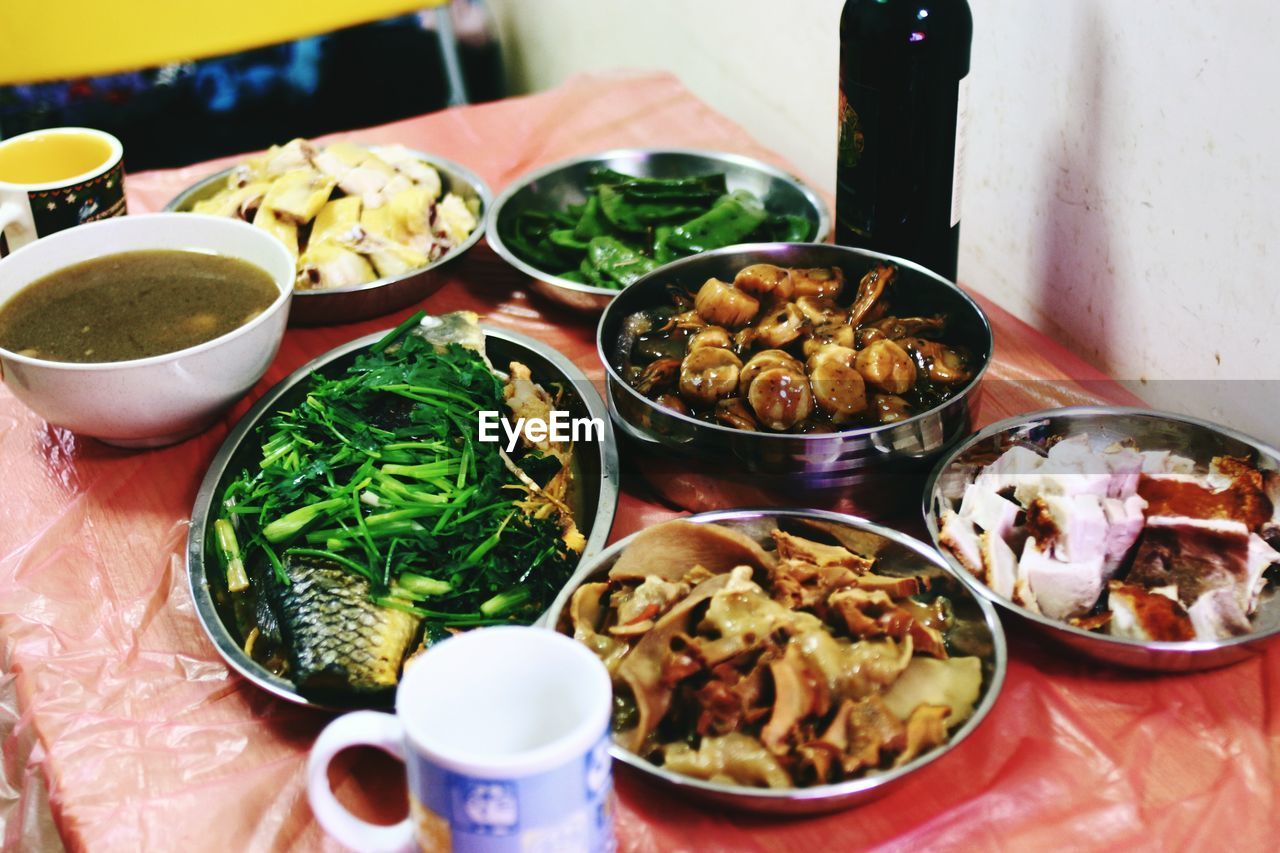 High angle view of different meal on table 