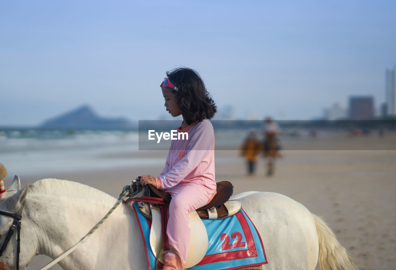 Cute girl sitting on horse at beach