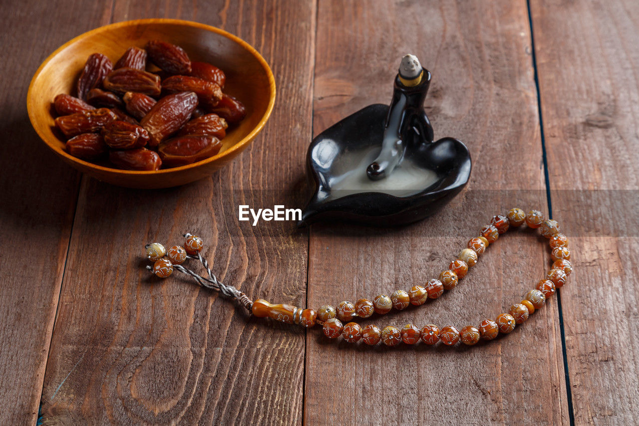 high angle view of food on wooden table