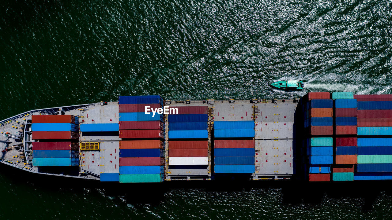 Aerial view container cargo ship in import export business service commercial trade logistic 