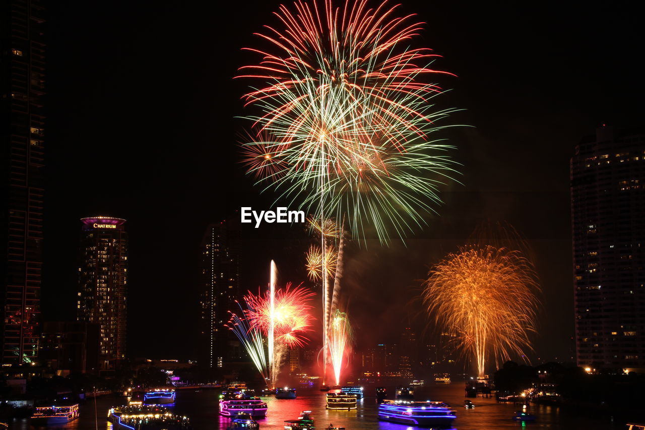 New year 2021 firework on chaopraya river