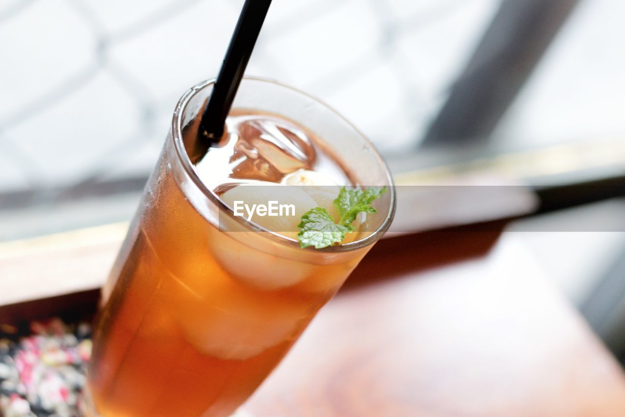 Close-up of drink served on table