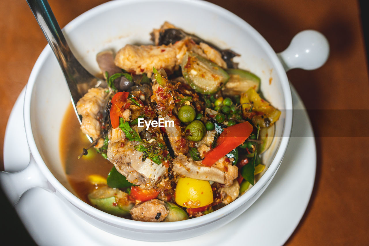 High angle view of rice in bowl on table