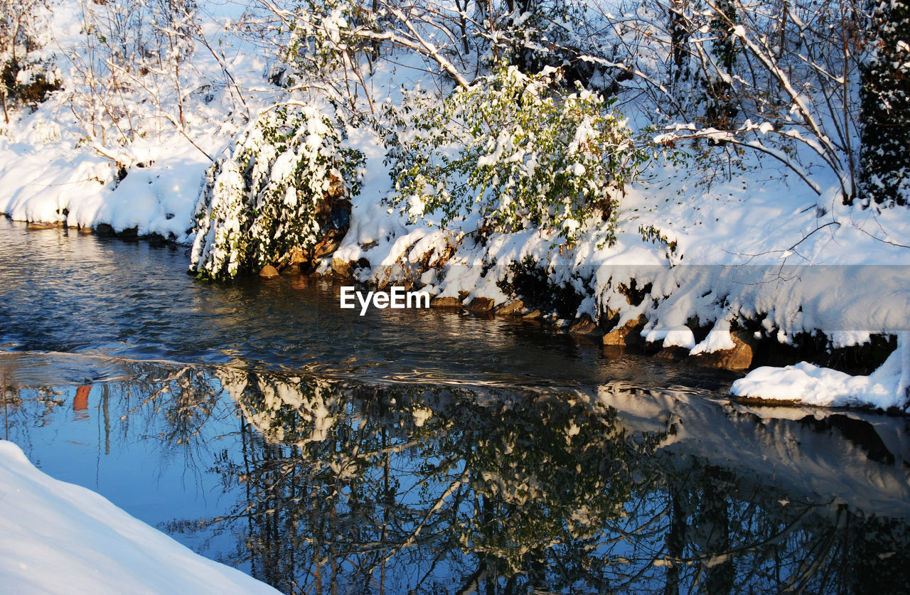 SCENIC VIEW OF LAKE BY SNOW DURING WINTER