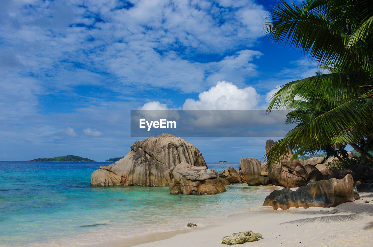 Panoramic view of sea and rocks against sky