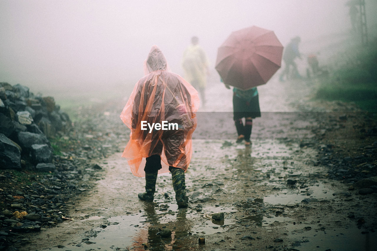 Rear view of people walking in rain