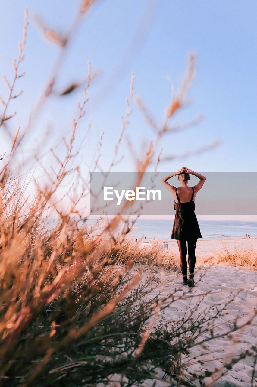 Rear view of woman standing at beach