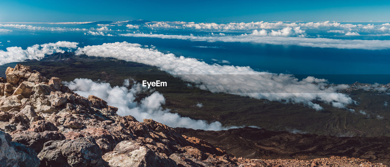 Scenic view of sea and mountains against sky