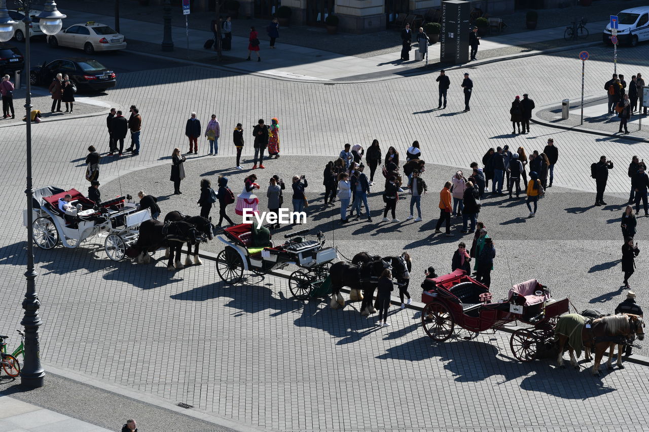 HIGH ANGLE VIEW OF PEOPLE WALKING ON STREET IN CITY