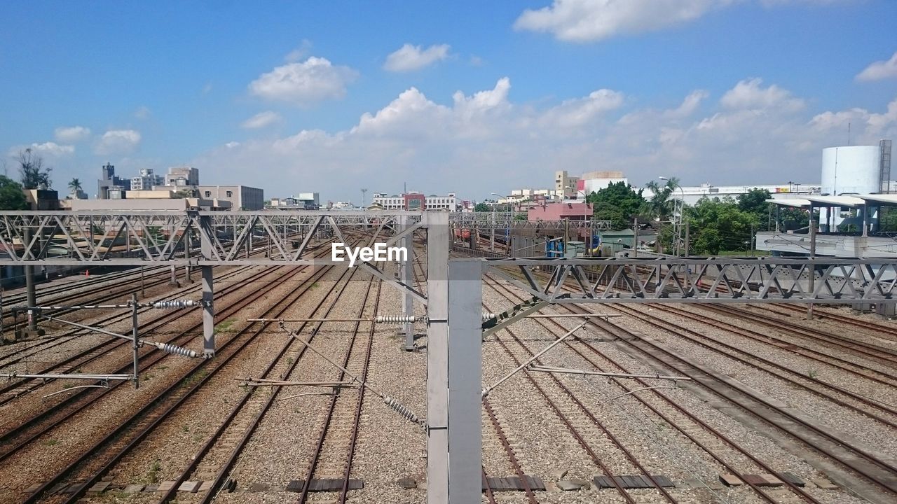 High angle view of railroad tracks in city