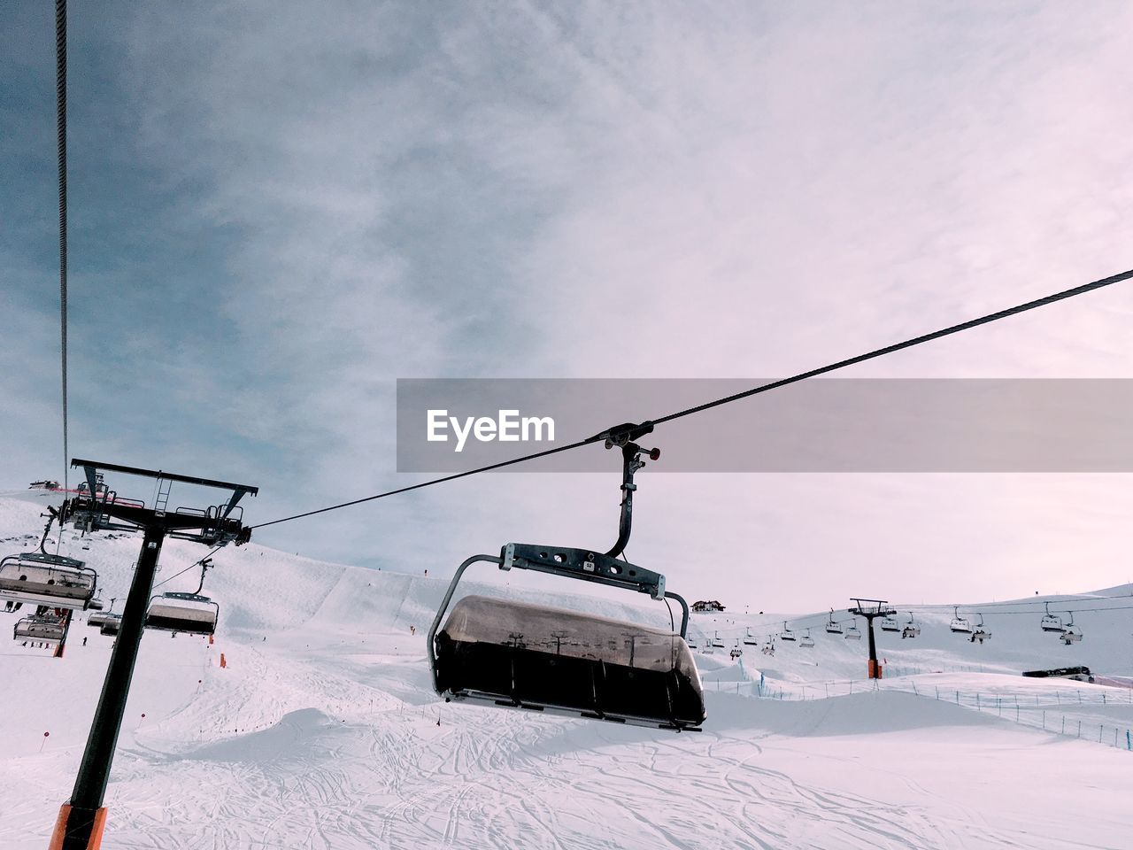 LOW ANGLE VIEW OF SKI LIFT IN SNOW