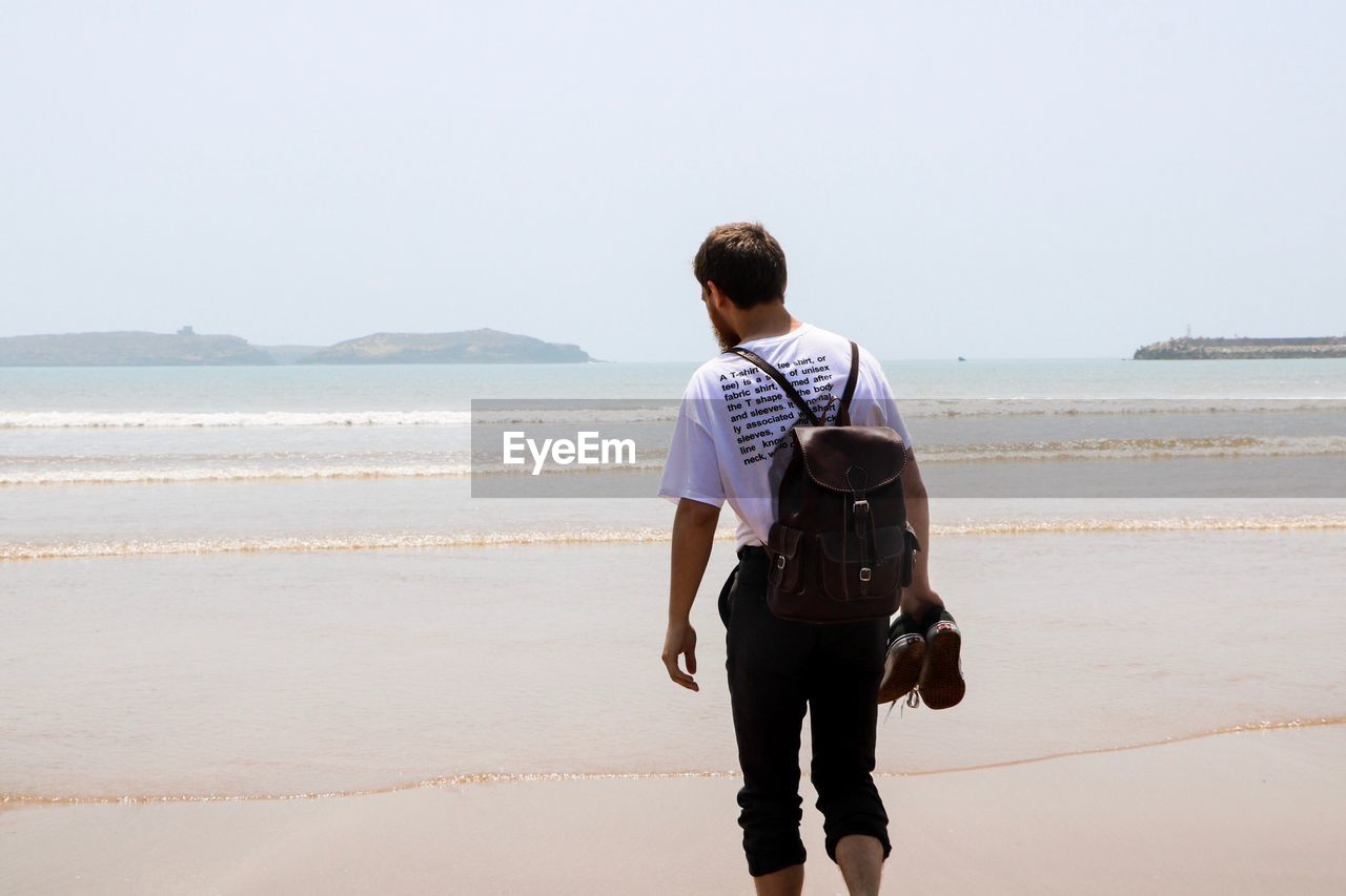 Rear view of man walking at beach against clear sky