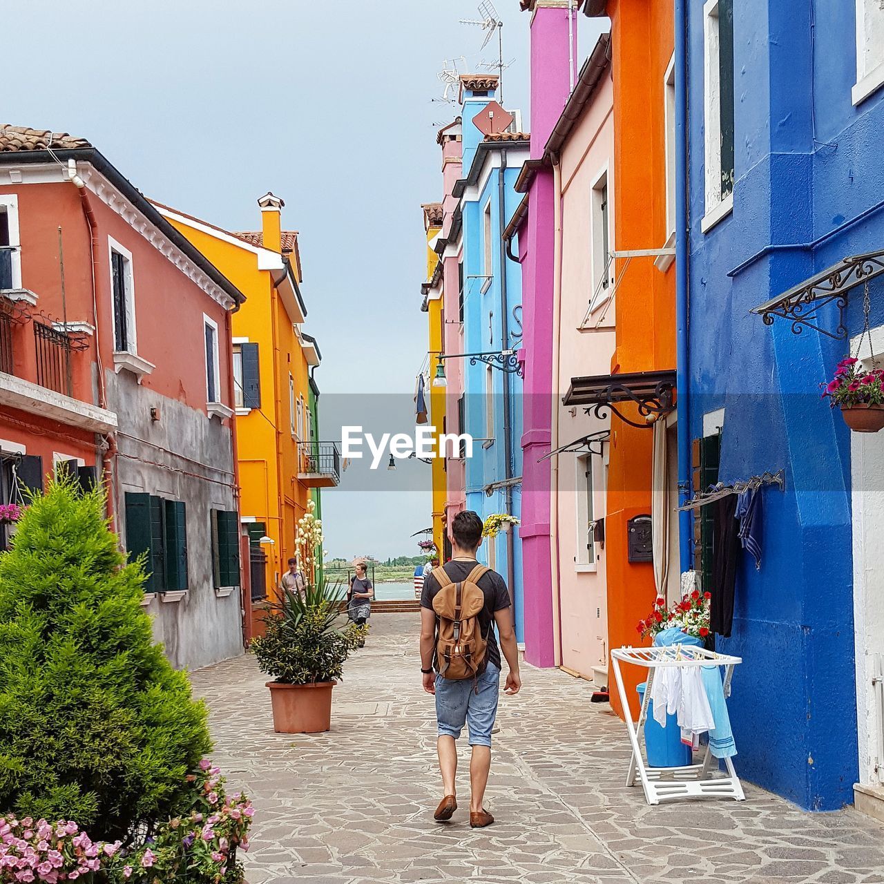 Rear view of traveler walking on alley amidst multi colored buildings at burano