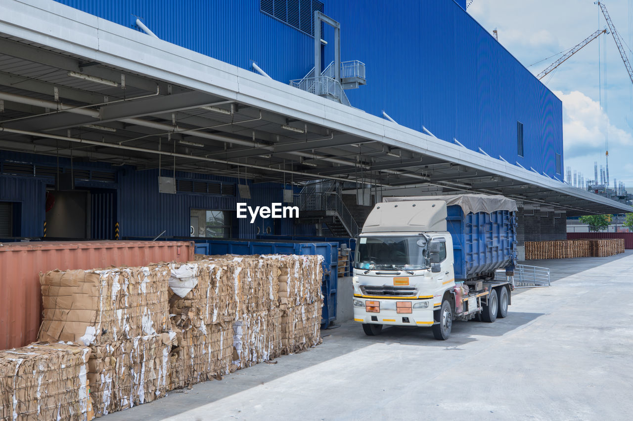 Truck parked outside warehouse