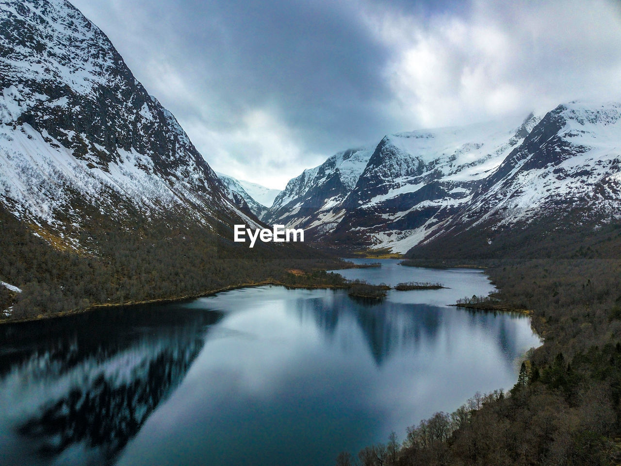 Scenic view of lake and snowcapped mountains against sky