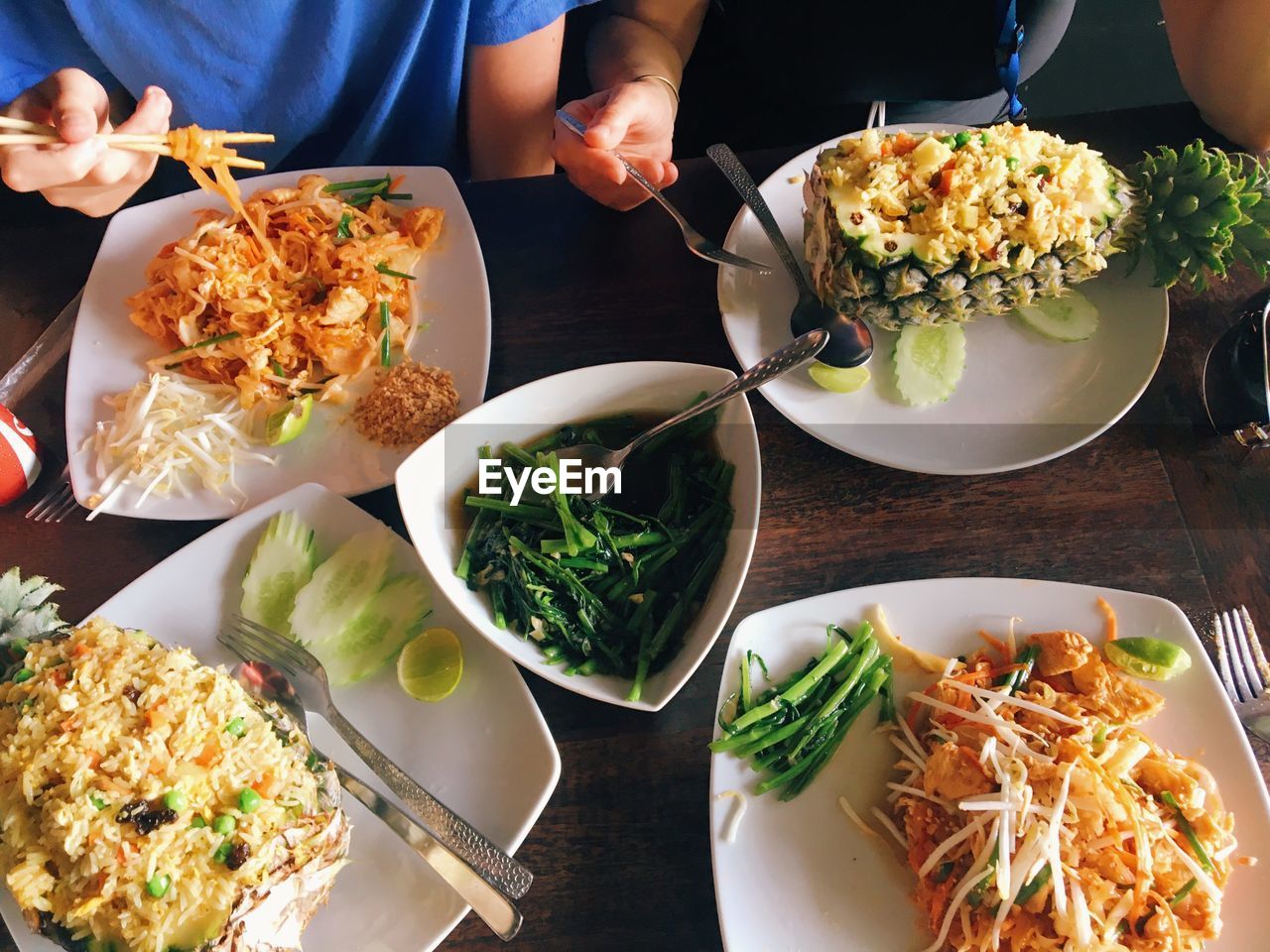 High angle view of thai food served on table