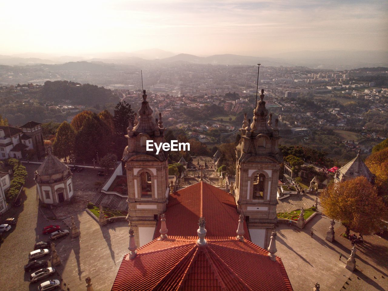 High angle view of church building in city