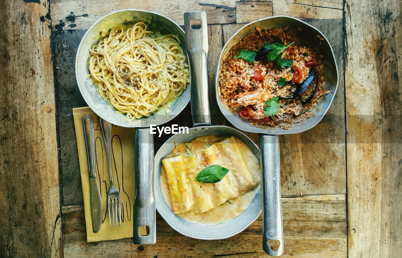 High angle view of cooked meal in cooking pan