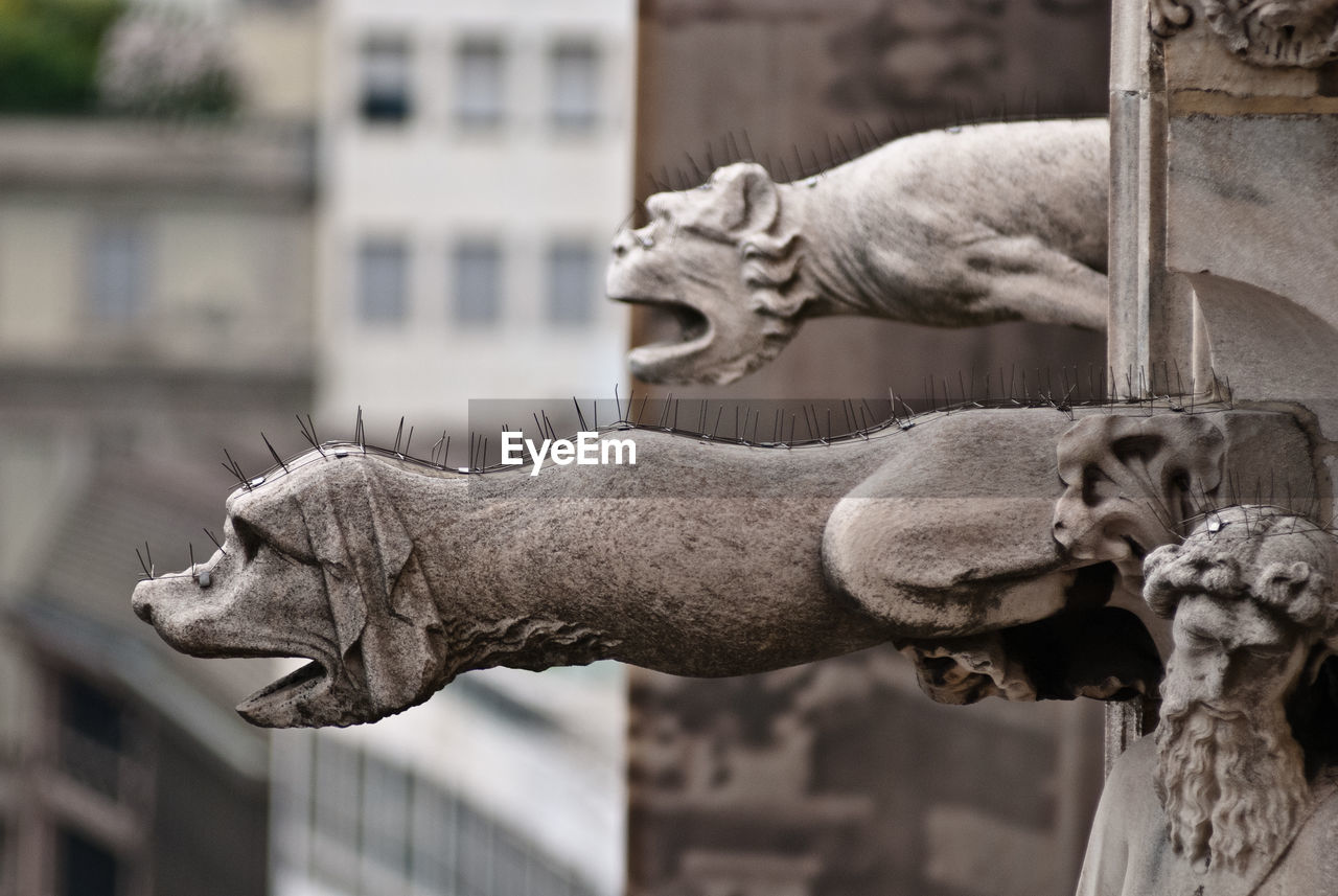 Close-up of gargoyles on historic building