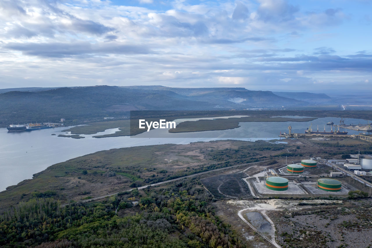 Aerial view of an industrial zone near water