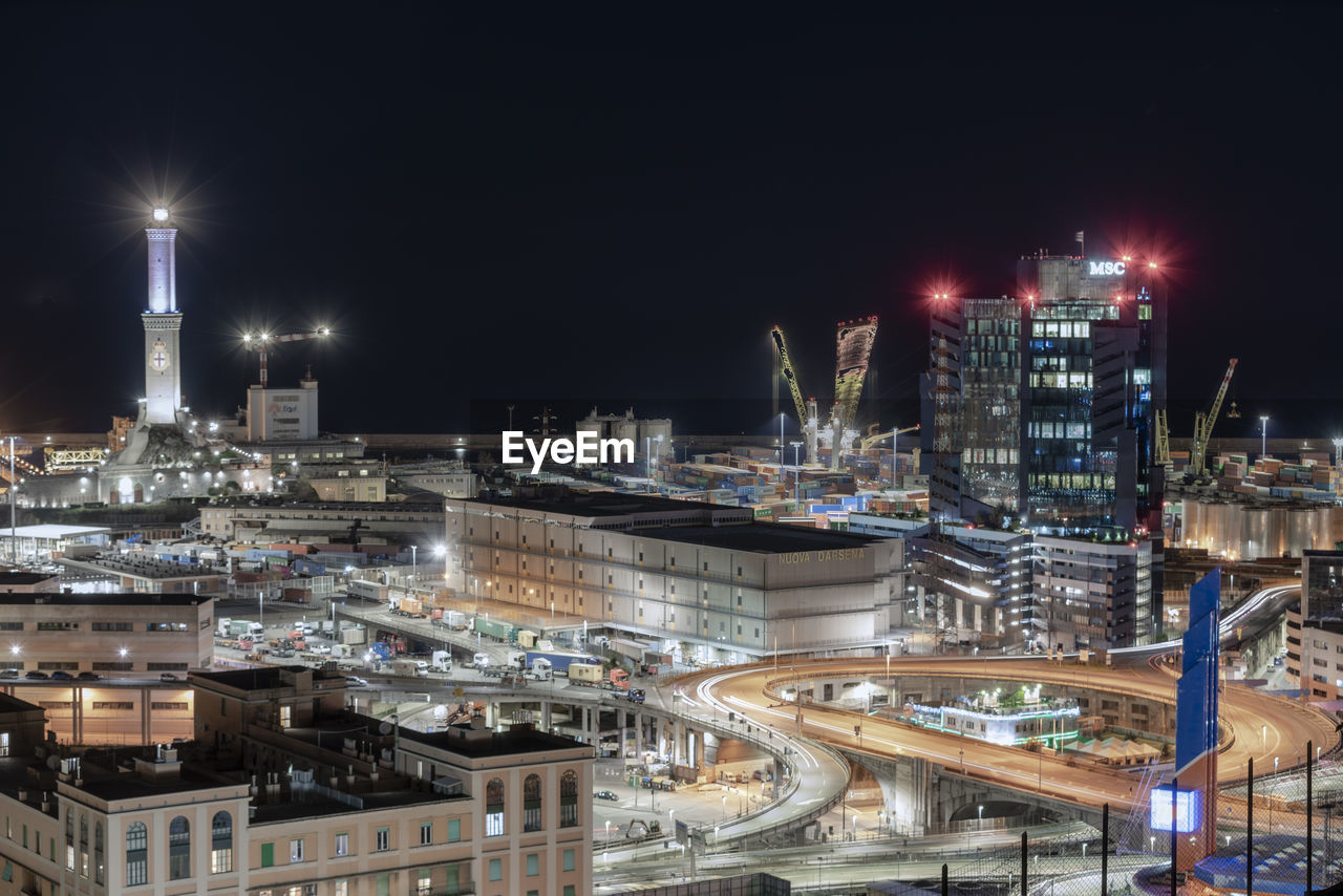 high angle view of illuminated cityscape at night