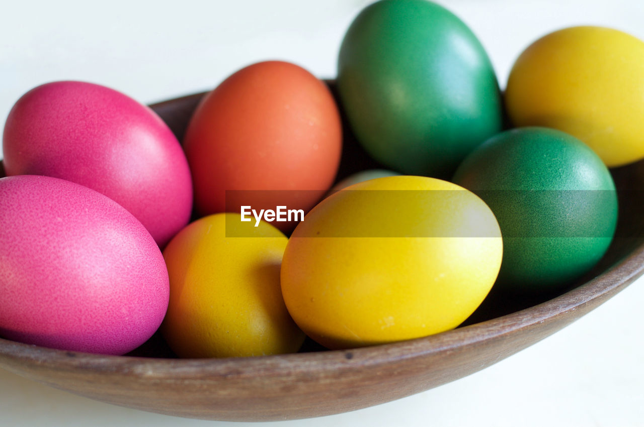 Close-up of easter eggs in bowl on table