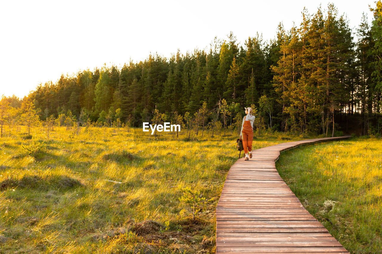 Woman botanist on ecological hiking trail. naturalist exploring wildlife ecotourism walking on path