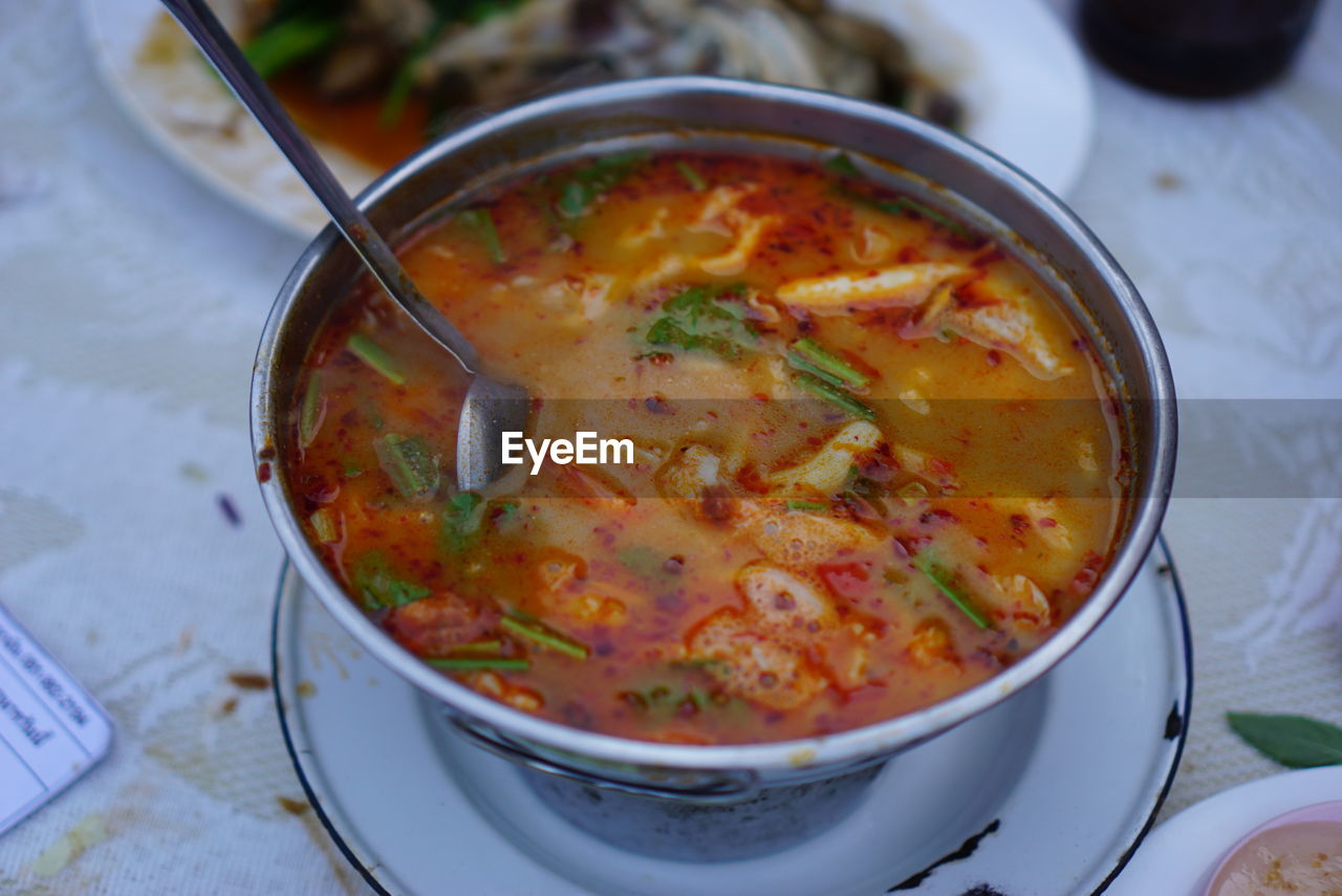 High angle view of soup in bowl on table