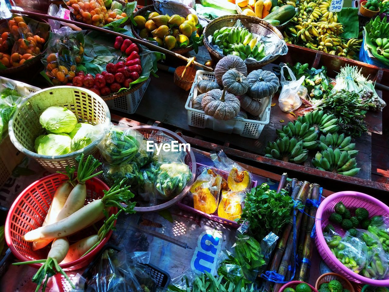 High angle view of food for sale in market