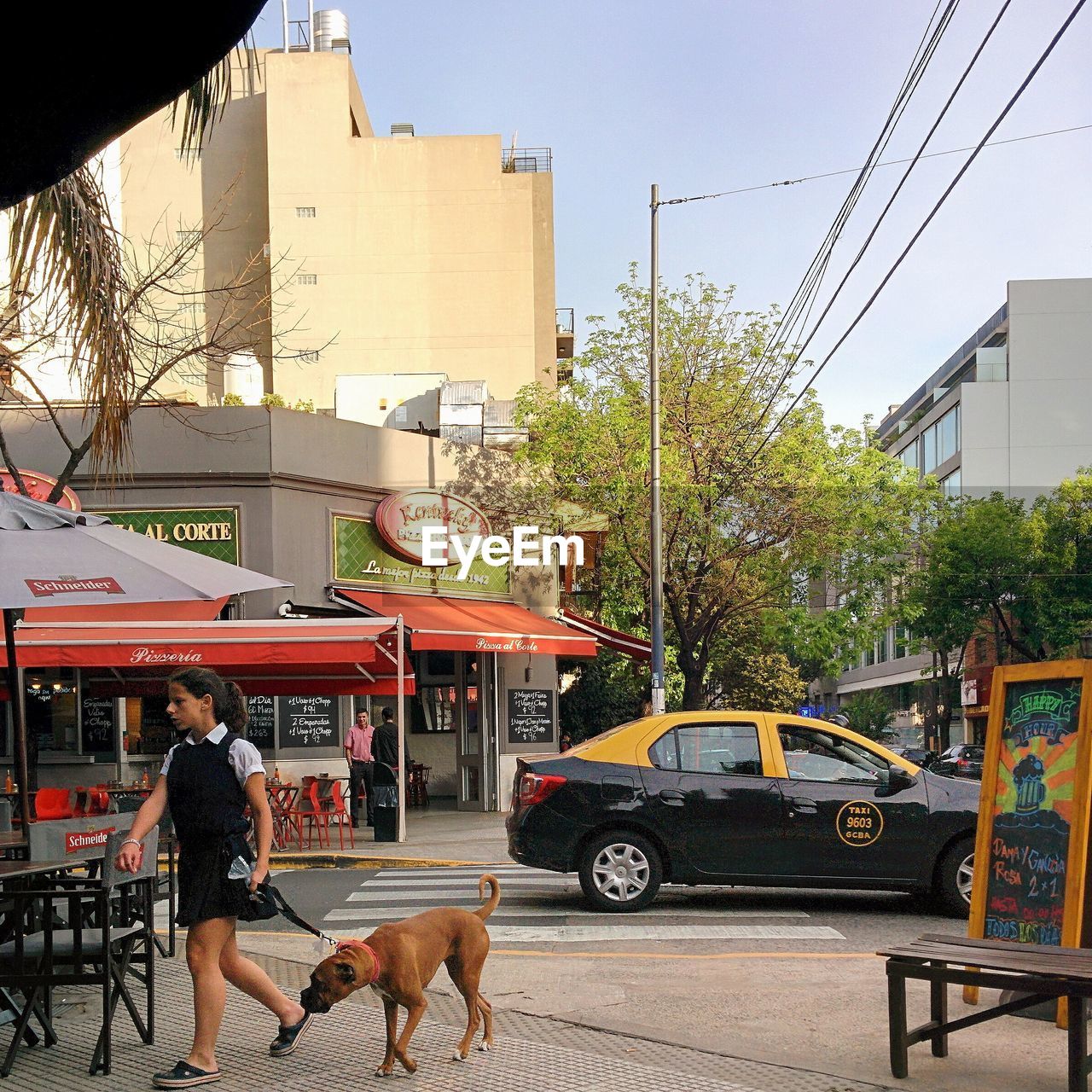 MAN AND DOG ON ROAD IN CITY AGAINST SKY