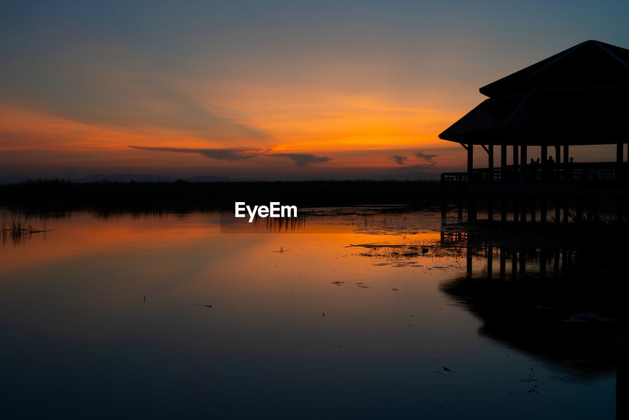 Scenic view of lake against sky during sunset