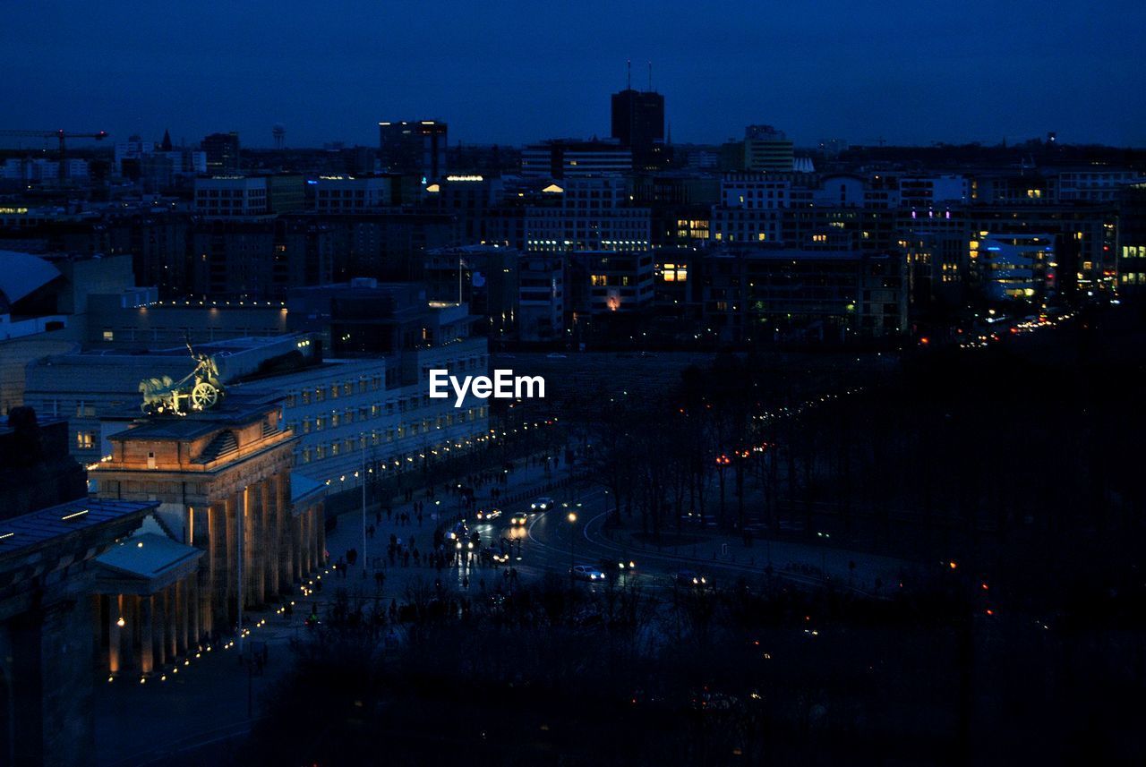 High angle view of illuminated city at night