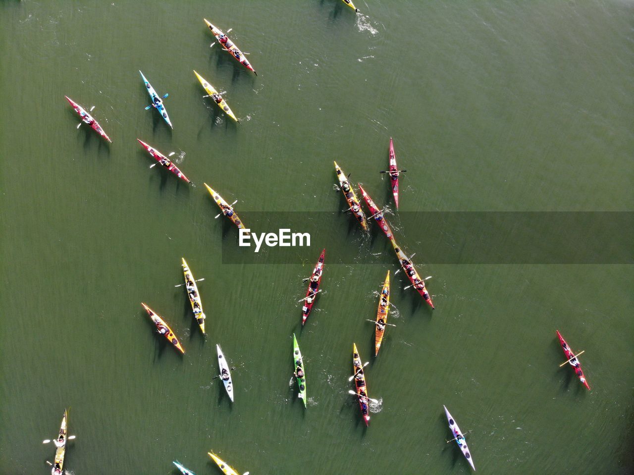 High angle view of kayaks on river