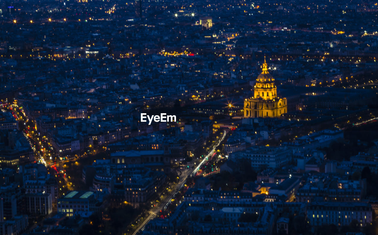 High angle view of illuminated buildings at night