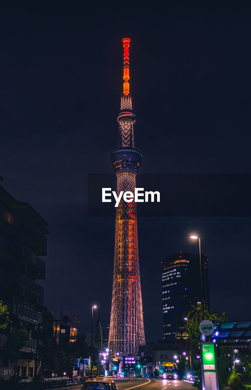 Low angle view of tokyo skytree against sky at night