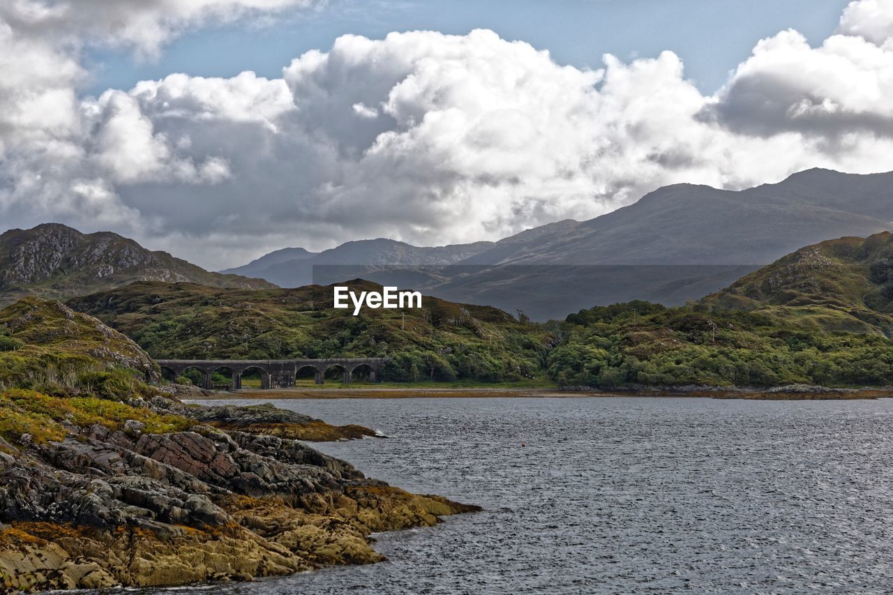 Scenic view of lake and mountains against sky