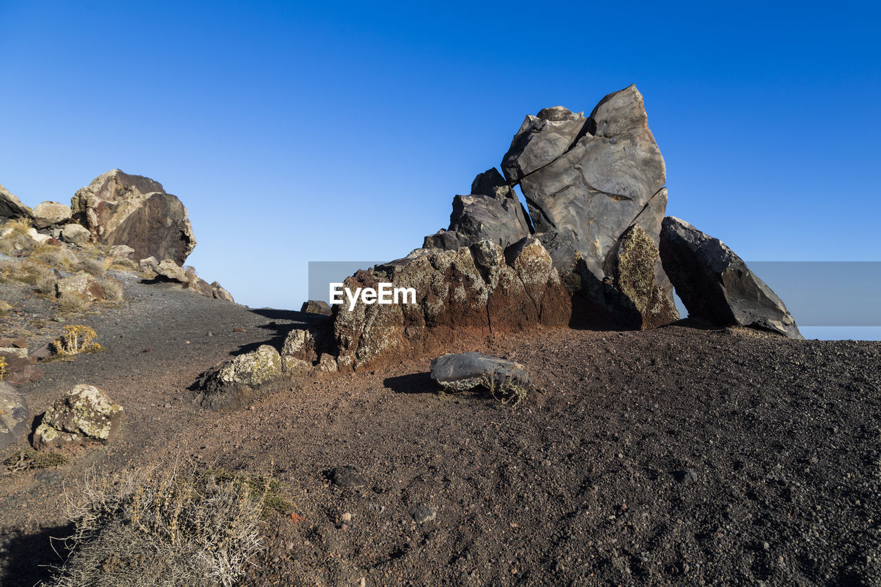 Rock formations against clear blue sky