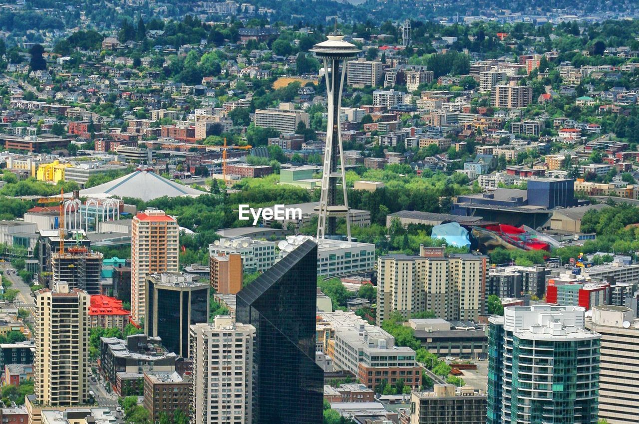 High angle view of buildings in city